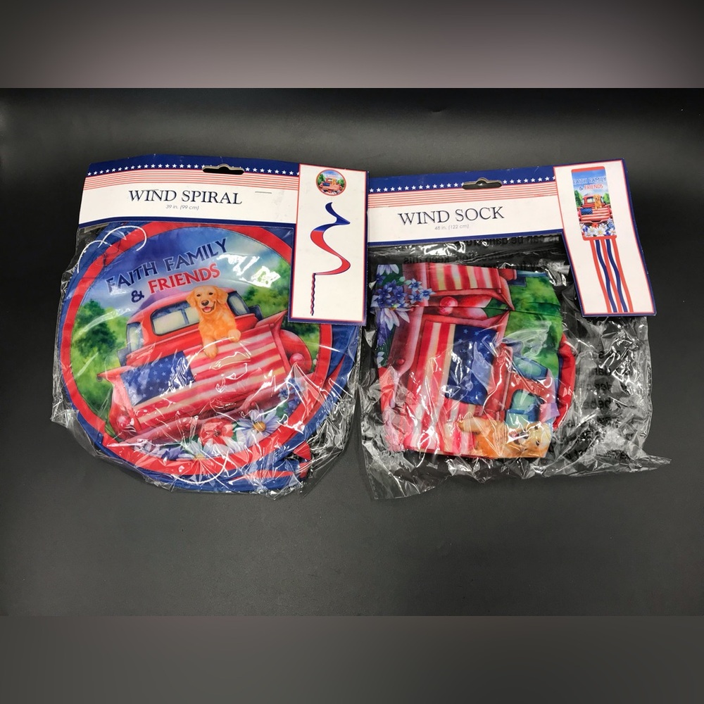 Set of 2 Faith Family & Friends Red Truck Dog Spiral Wind Sock American Flag-NEW